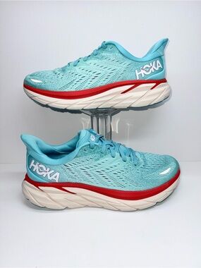 Hoka Clifton 8 Women's Aqua Running Shoes with Red Trim